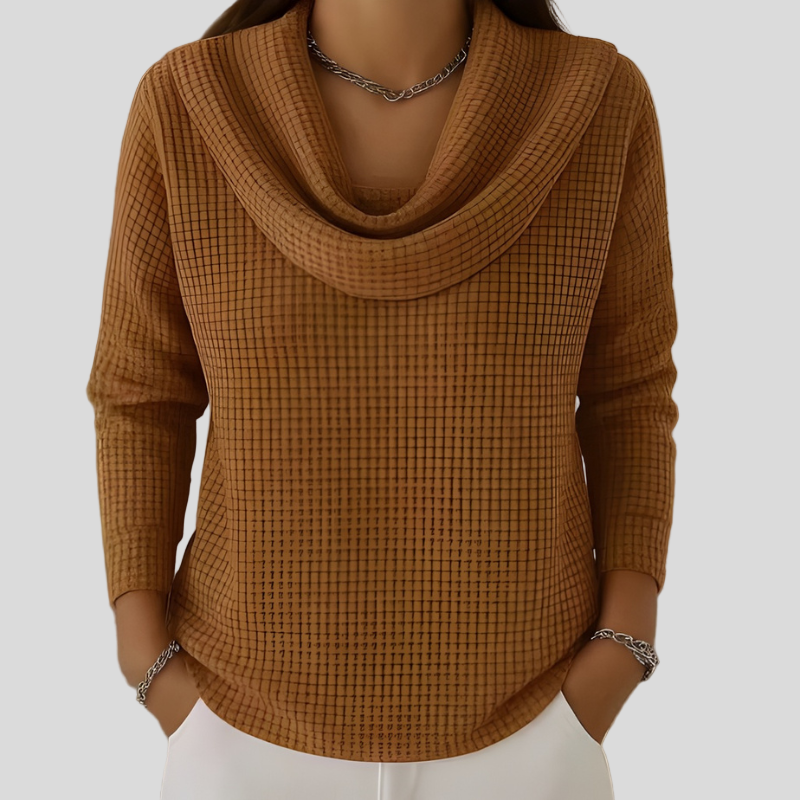 AMBER – Teplý svetr s vzorem včelí plástve a elegantním vodopádovým límcem