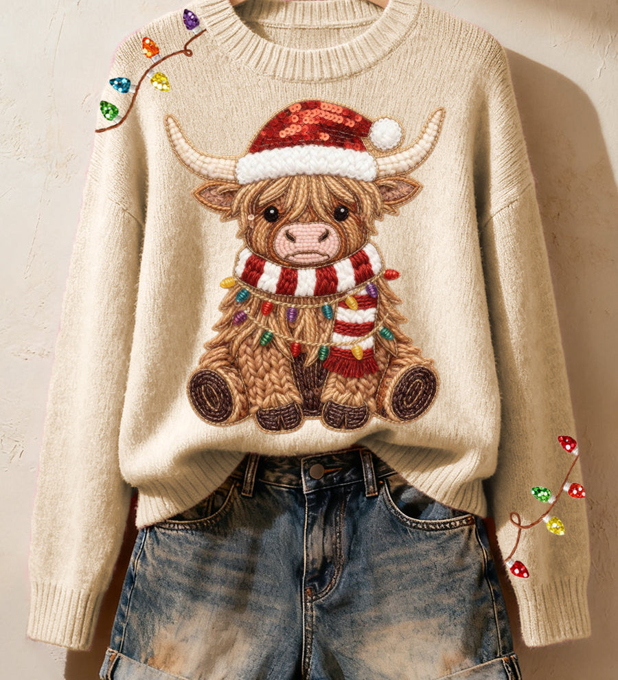 CIA - Pohodlný pletený svetr s designem krávy z Highlands pro ženy